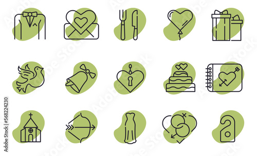 Wedding holiday set of line icons. Engagement ceremony. Vector illustration