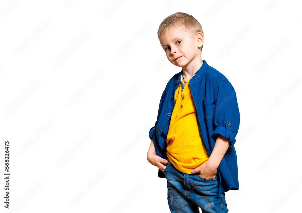 Portrait of happy little blonde boy over wooden white background. Kid model in yellow T-shirt and dark blue jacket. Portrait of happy little blonde boy over wooden white background. Kid model in yellow T-shirt and dark blue jacket.