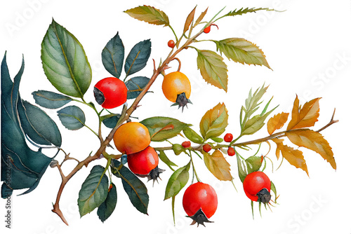 Rosehip branch with ripe fruits, watercolor drawing on a white background. Generative AI.