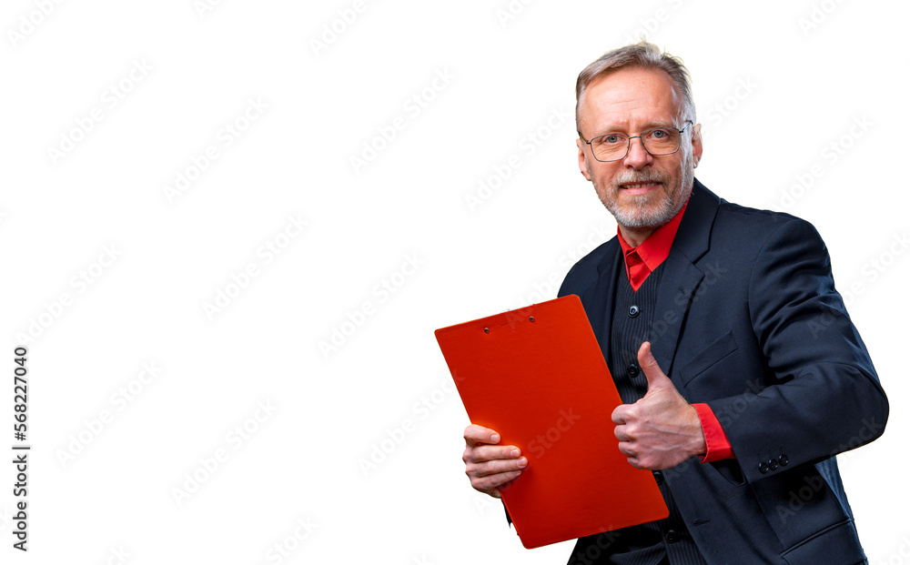 Portrait of a smiling middle aged business man holding folder and showing thumb up. isolated on yellow background. Portrait of a smiling middle aged business man holding folder and showing thumb up. isolated on yellow background.