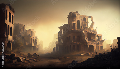 View of destroyed city by war, generative ai
