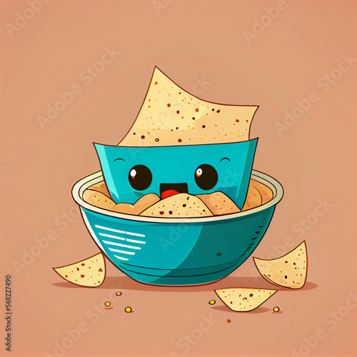 Cute cartoon bowl of tortila chips with eyes, generative ai photo