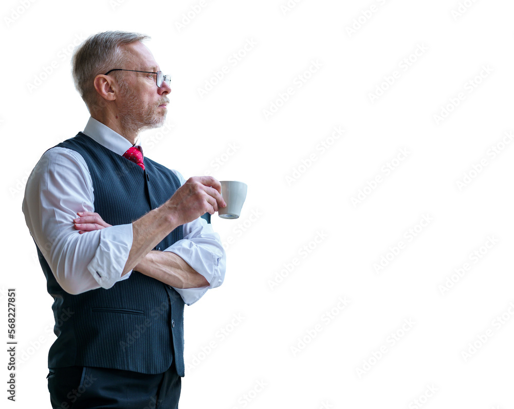 Senior businessman wears white shirt. Drinking coffee near big window with city view . Photo from the side. Senior businessman wears white shirt. Drinking coffee near big window with city view . Photo from the side.