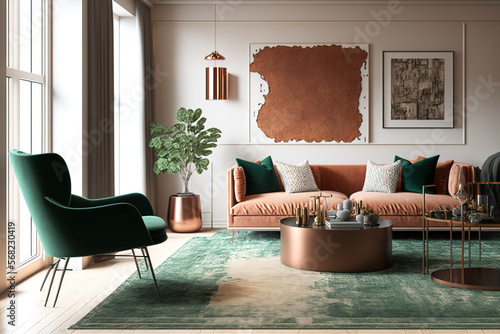 A large living room with mockup features a copper table on a rug between a beige sofa and a green armchair. Generative AI