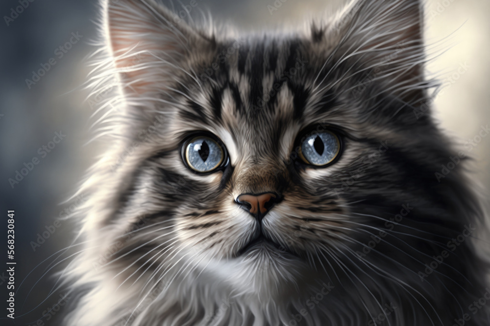 A close up of a lovely cat with a gray tabby and blue eyes. pets and a way of life On a gray background, a lovely fluffy kitty. Generative AI