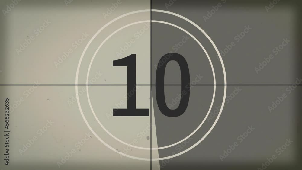 15 seconds vintage film countdown on faded grey background. Old retro ...