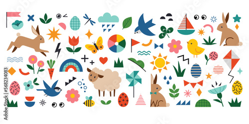 Vector set of bright colourful Easter characters, symbols, flowers and geometric shapes for spring Easter design on white background. 