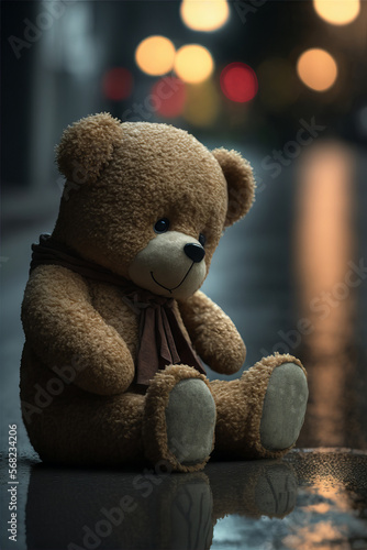 A lost toy teddy bear in the rain. Generative AI illustration