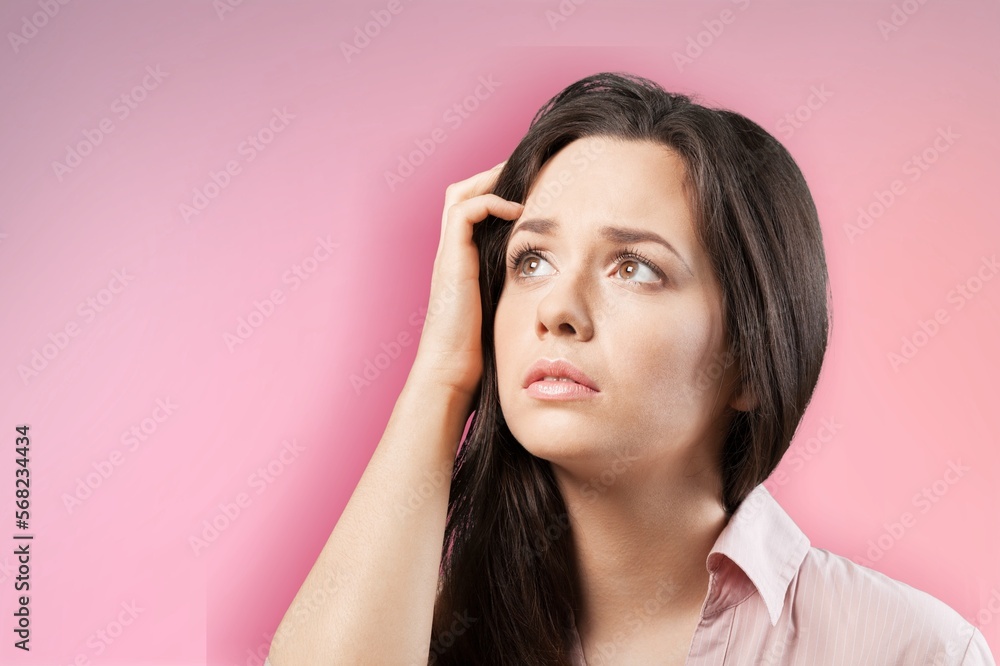 Young think woman on color background Young think woman on color background