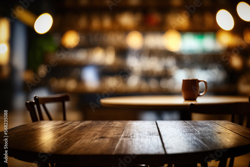 Selective focus and blurred cafe restaurant with an empty wood table top. To display montage products. Generative AI