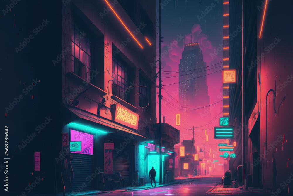 In a cyberpunk metropolis, there is a lovely neon night. Illustration of the futuristic city done in photorealism. neon lit street that is deserted. Generative AI