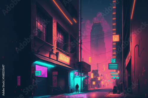In a cyberpunk metropolis  there is a lovely neon night. Illustration of the futuristic city done in photorealism. neon lit street that is deserted. Generative AI