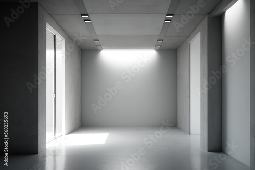 Industrial interior background abstract vacant, modern concrete walls hallway room with indirect ceiling lights,. Generative AI
