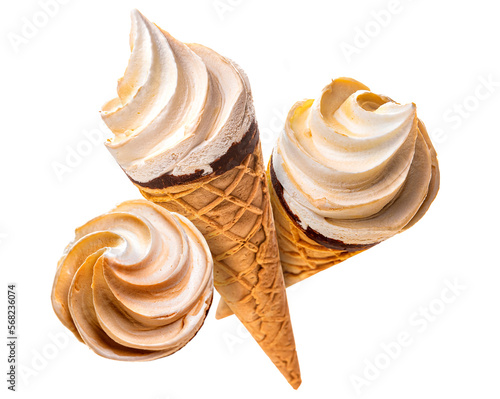 PNG. Three waffle cups with ice cream. Isolate