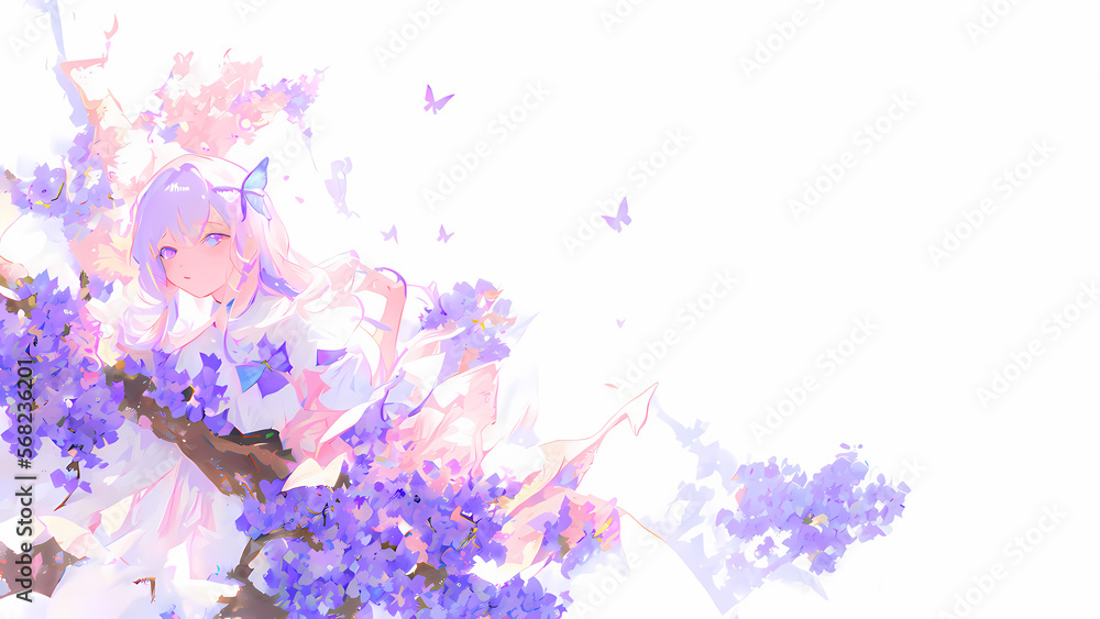 Una joven rodeada de ramos de flores y mariposas, IA Generativa
