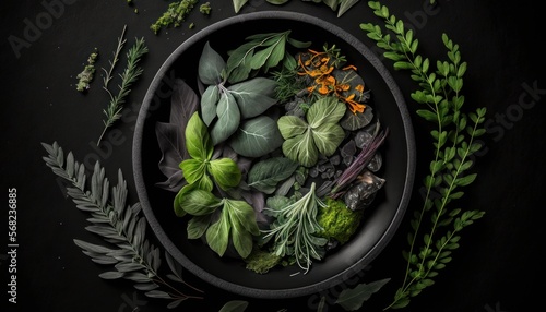 Mixed herbs in a black bowl.