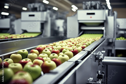 Apples in a food processing facility, clean and fresh, ready for automated packing. Concept for a healthy food company with automated manufacturing of food and fruits. Generative AI