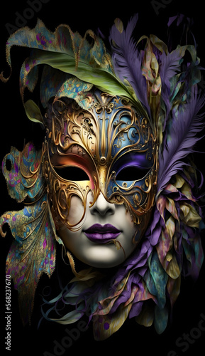Carnival masks for Mardi Gras, Carnival in Venice, intricate details and embellishments such as gold leaf, and feathers, wallpaper, generative AI illustration