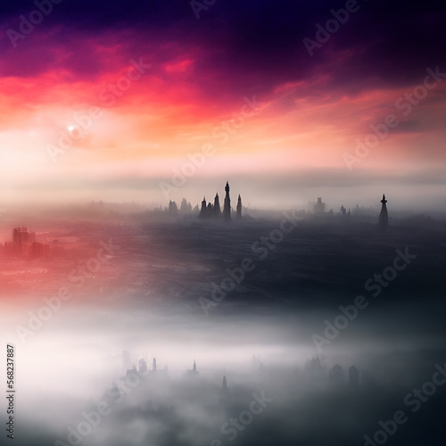 Abstract fictional scary dark wasteland city background pink and red sky