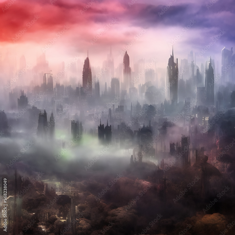 Abstract fictional scary dark wasteland city background misty cityscape looking down