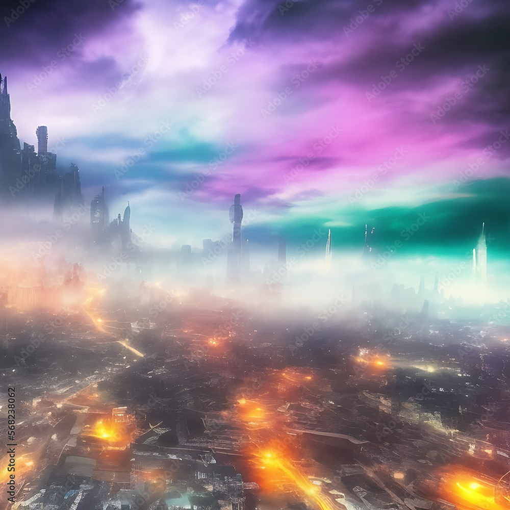 Abstract fictional scary dark wasteland city background green and purple clouds