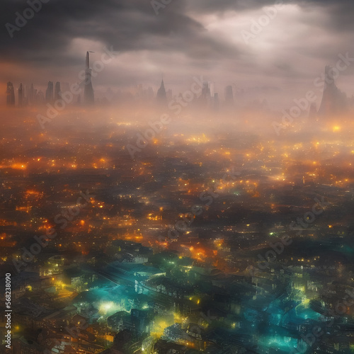 Abstract fictional scary dark wasteland city background colorful lights tall skyscrapers