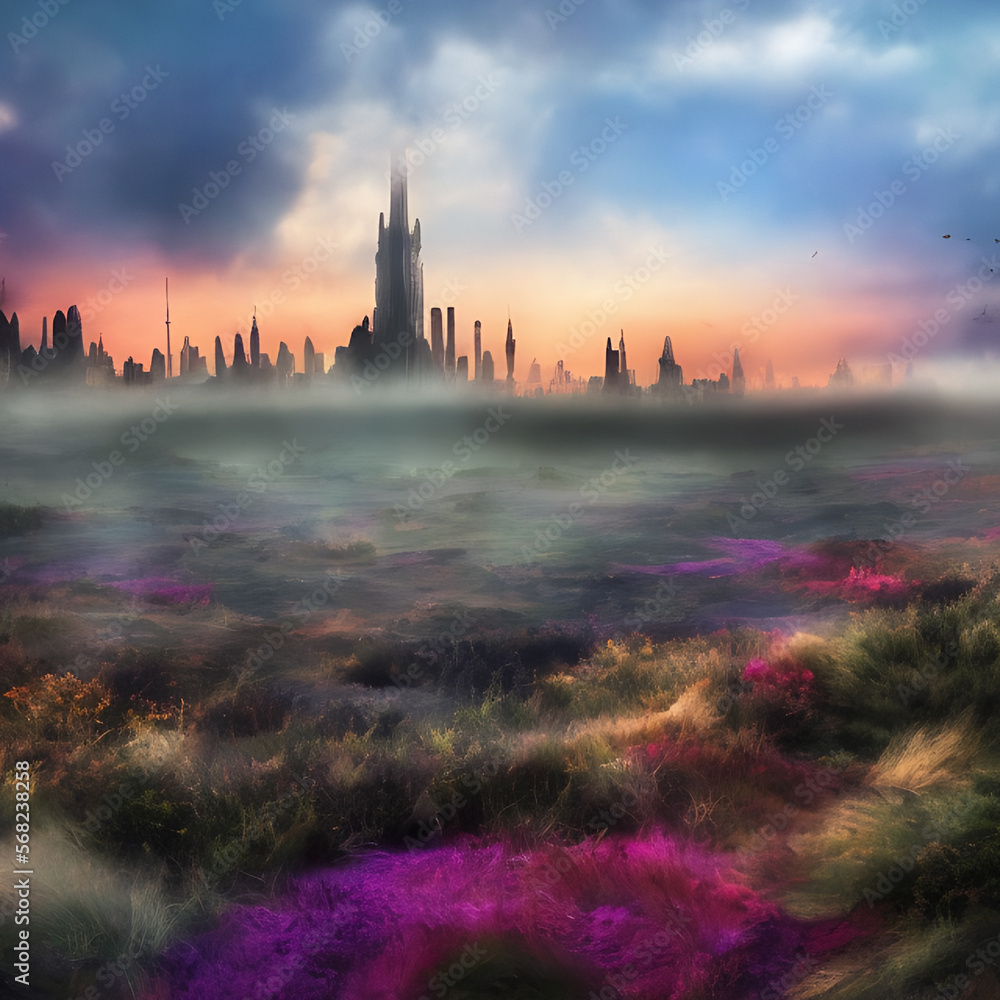 Abstract fictional scary dark wasteland city background colorful ground light mist