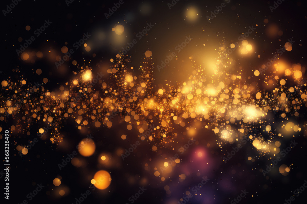 Sparkling golden rainbow magic stars bokeh background. With many types glitter special bokeh shapes with light effects. space glittering bokeh effects backgound. Generative AI