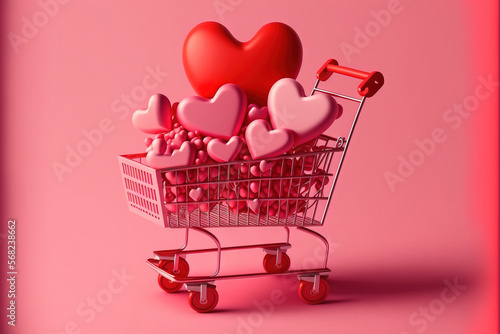 On a pink background with copy space, a shopping cart has present boxes and red hearts. a festive background with heart shaped decorations. the day of love. marriage day. Generative AI