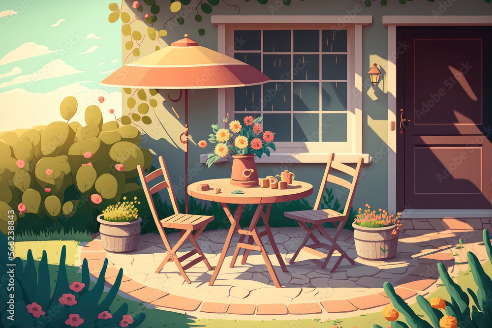 Obraz premium Garden, tables, seats, and a sun hat are all outside the house. Generative AI