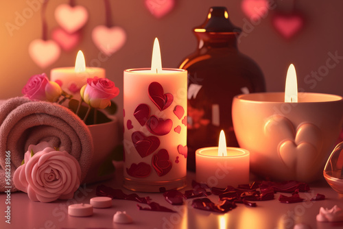Concept for a romantic spa treatment on Valentine s Day. Candles  towels  and rose flowers against a vivid background. frontal and flat views. Generative AI