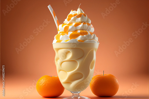 Orange milkshake with cream decorated with sliced oranges on orange background. cartoonish style. Front view.  photo