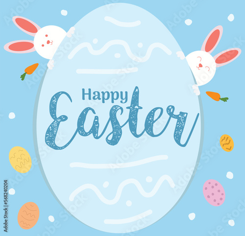 Happy Easter banner, poster, greeting card. Trendy Easter design with typography, bunnies, flowers, eggs, bunny ears, in pastel colors. Modern minimal style