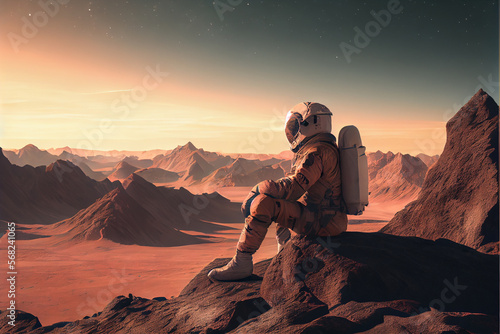Fototapet Astronaut female in space suit landed on Mars in desert siting on the Rocky Mountain of the Alien Red Planet