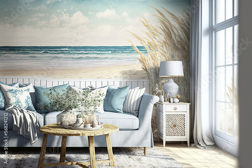 Background for a coastal bohemian living room, wall mockup,. Generative AI