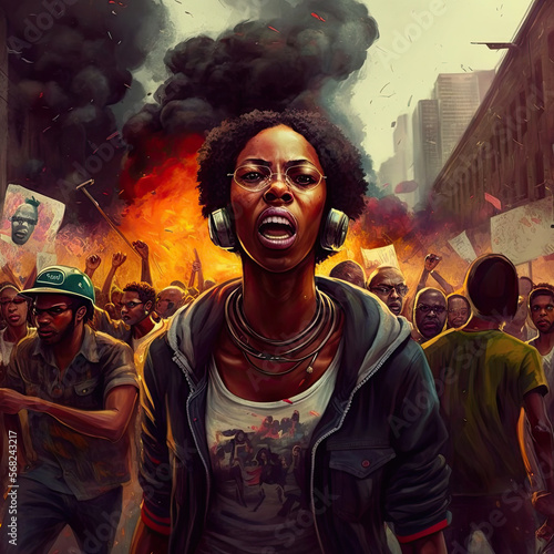 Black woman in front of black activists, riot, BLM, generative ai 