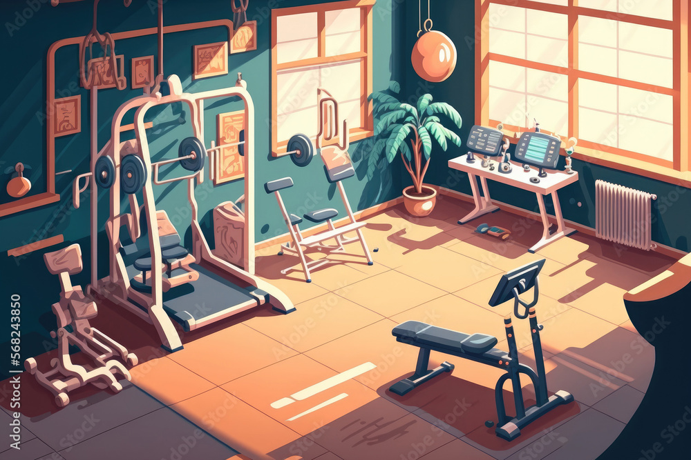 Fototapeta premium Inside the old gym with equipment Private home gym with various sports equipment Row of stationary bikes and fitness equipment for bodybuilding in the gym. modern fitness room. Generative AI