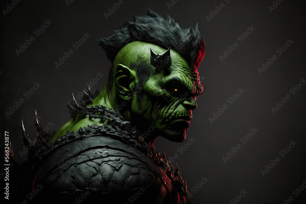 black backdrop with a fantasy green orc. He is intimidating to see in the shadows. model. Generative AI black backdrop with a fantasy green orc. He is intimidating to see in the shadows. model. Generative AI