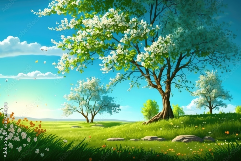 Beautiful spring background nature with blooming glade, trees, and blue sky on a sunny day. Ai Generative.
