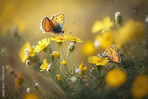 Cheerful buoyant spring summer shot of yellow Santolina flowers and butterflies in a meadow in nature outdoors on bright sunny day. Ai Generative Art. © jlfsousa
