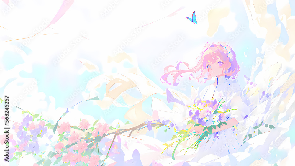 Una Joven Bella con Flores y Mariposas Mirando al Horizonte, IA Generativa Una Joven Bella con Flores y Mariposas Mirando al Horizonte, IA Generativa