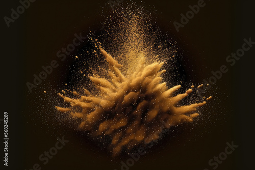 eruption of gold powder particles. Golden texture exploded in the glitter. For a fashionable background or opulent wallpaper, use golden color dust. shimmering magic mist Bright gold powder against a