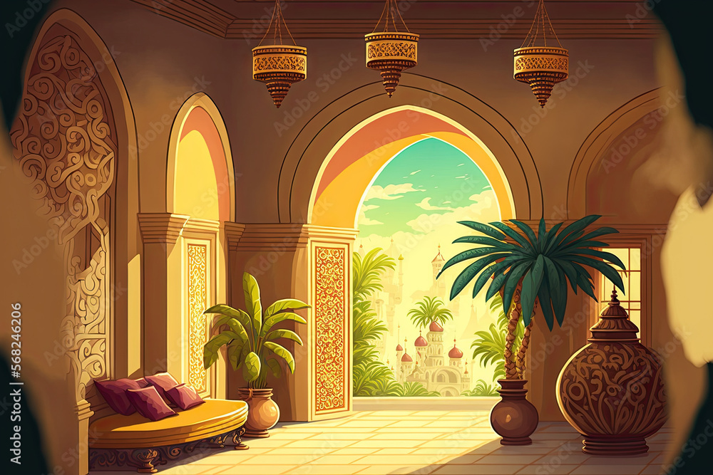 Cartoon scene with a medieval arabic interior with far eastern ornaments and a treasure frame serves as a backdrop for various uses. Children's illustration. Generative AI
