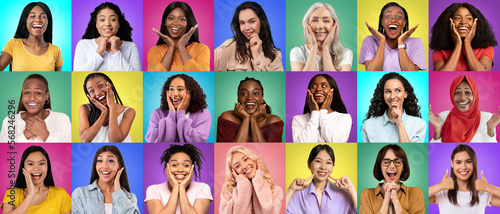 Creative Collage With Diverse Females Expressing Different Emotions Over Colorful Backgrounds