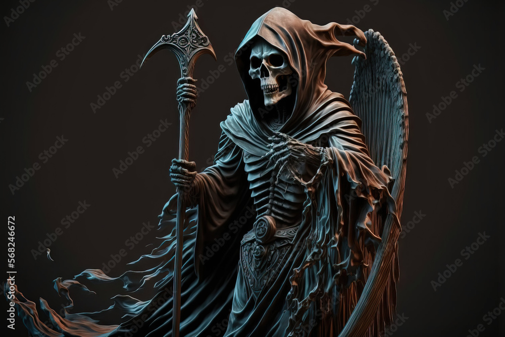 Over a black background with copy space, a grim reaper is seen reaching for the camera. Generative AI Over a black background with copy space, a grim reaper is seen reaching for the camera. Generative AI