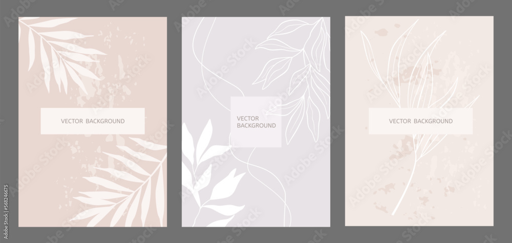 Trendy cards with leaves in pastel colors. Vector temlates for social media, wedding invitation, branding design