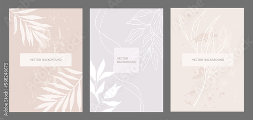 Trendy cards with leaves in pastel colors. Vector temlates for social media, wedding invitation, branding design