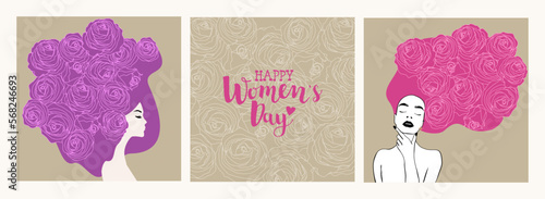 Greeting cards for International Women's Day. Girls with long hair with roses pattern. 8 March