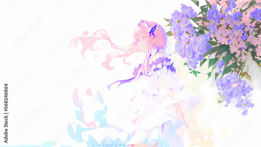 Una hermosa mujer con un vestido de boda parada junto a un árbol con flores mariposas volando, IA Generativa Una hermosa mujer con un vestido de boda parada junto a un árbol con flores mariposas volando, IA Generativa