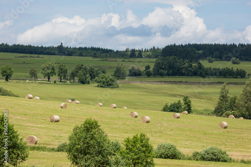the rural landscape with the hay bales made of straw